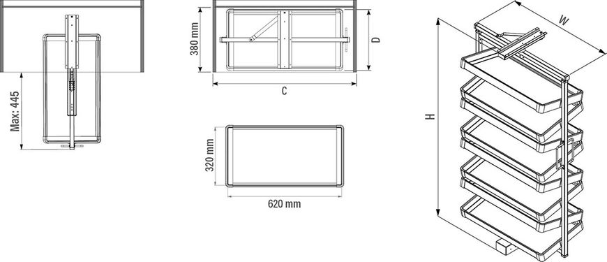 Подставка для обуви на направляющих поворотная, антрацит, 700x360x1910-2110, 800мм, S-6835-А